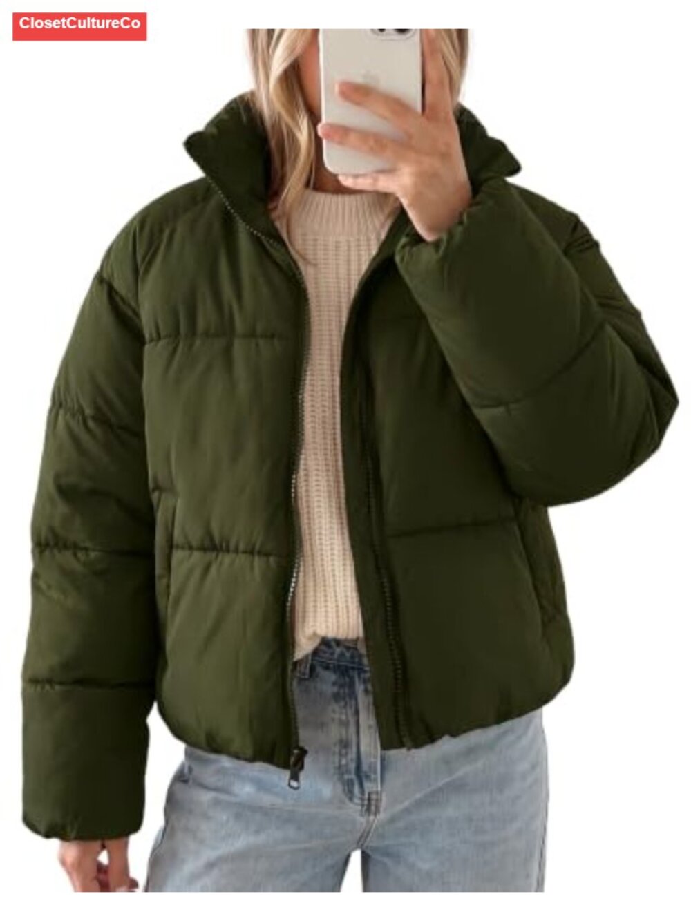ASPO Women's Cropped Quilted Puffer Jacket Warm Zip-Up Winter Coat